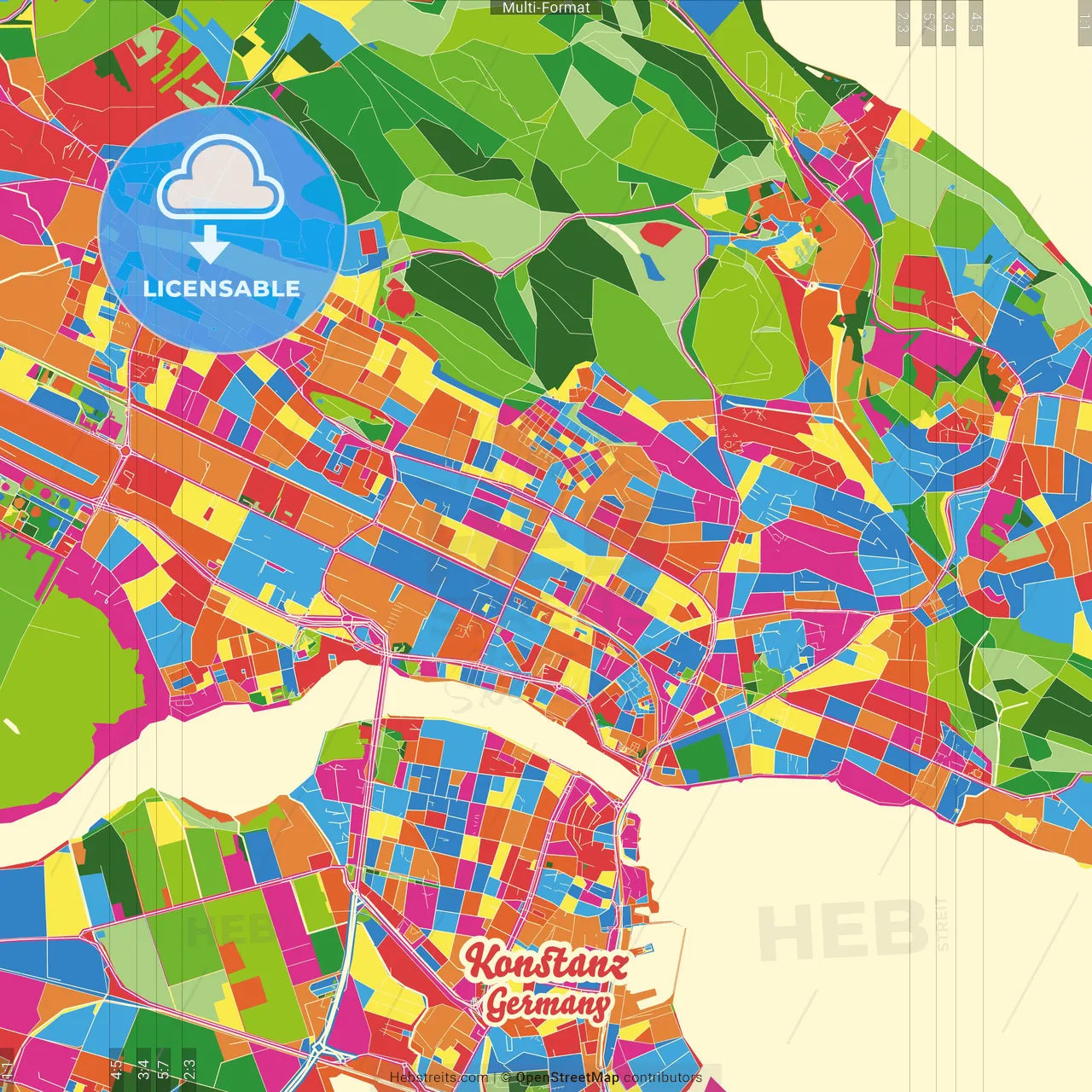 Konstanz, Baden-Wuerttemberg, Germany Crazy Colorful Street Map Poster Template