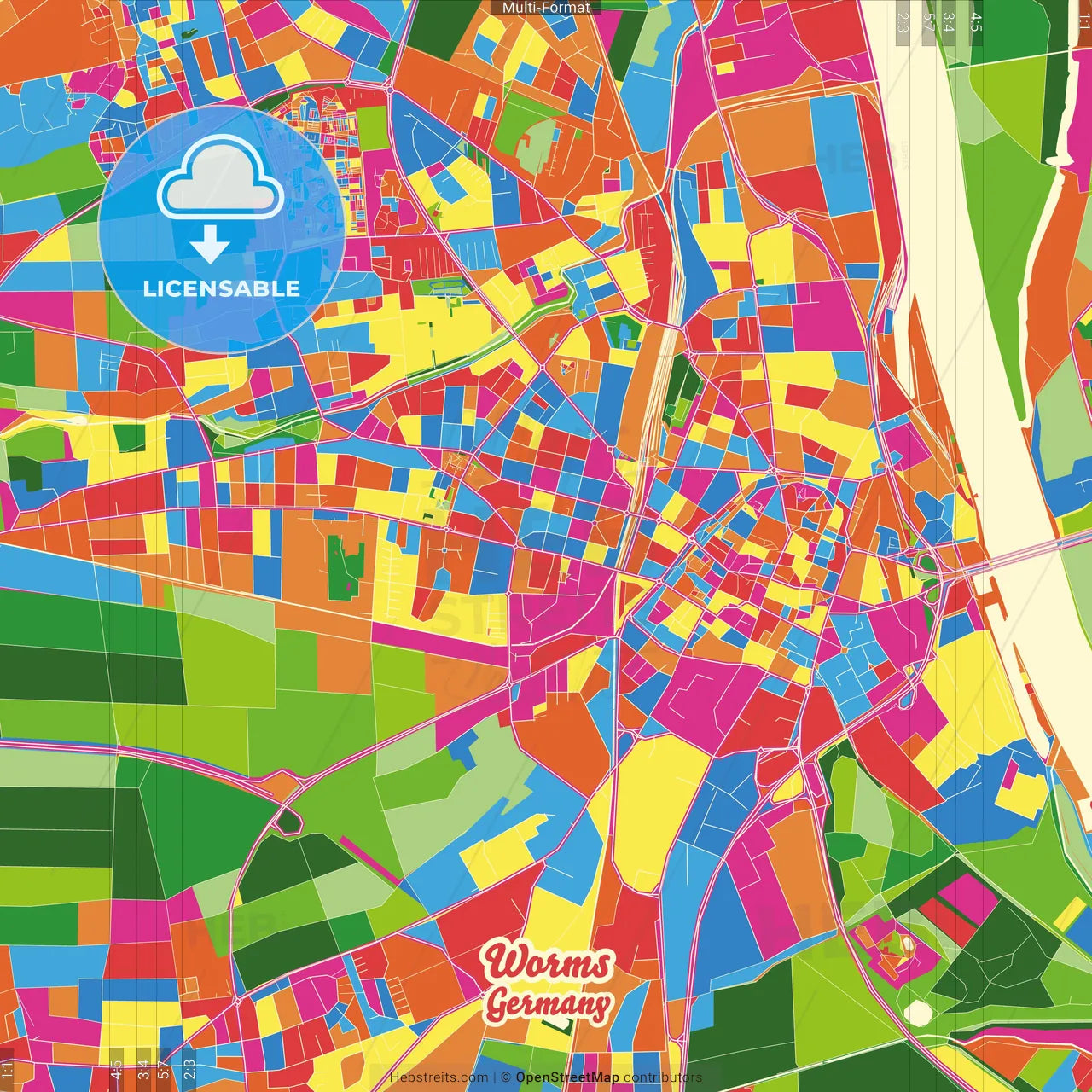 Worms, Rheinland-Pfalz, Germany Crazy Colorful Street Map Poster Template
