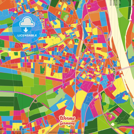 Worms, Rheinland-Pfalz, Germany Crazy Colorful Street Map Poster Template