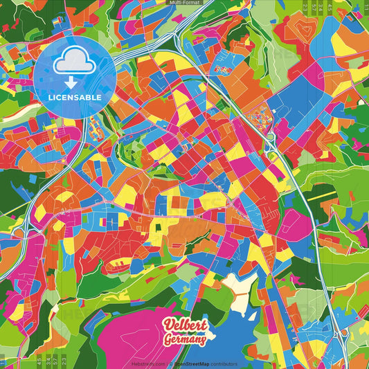 Velbert, North Rhine-Westphalia, Germany Crazy Colorful Street Map Poster Template