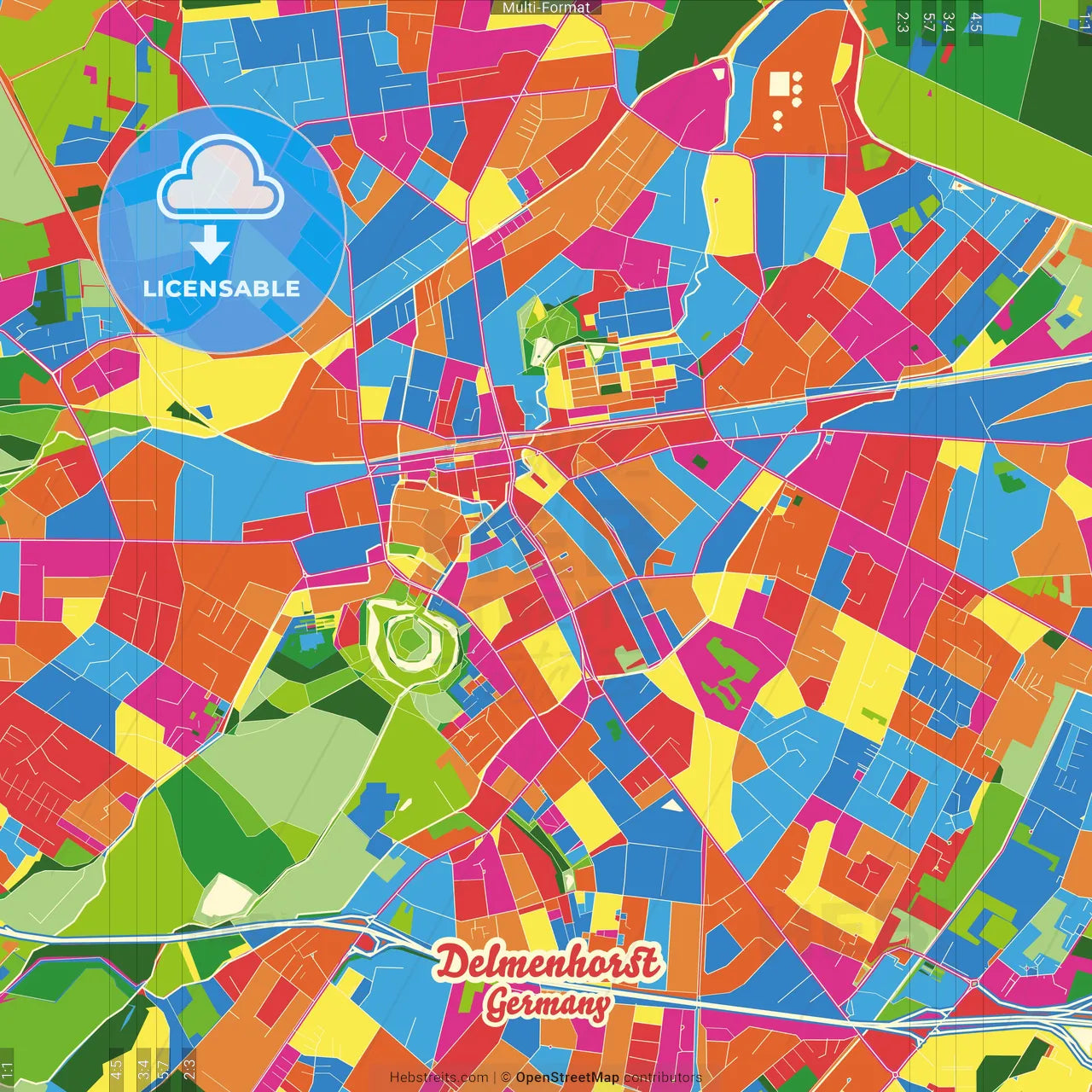 Delmenhorst, Lower Saxony, Germany Crazy Colorful Street Map Poster Template