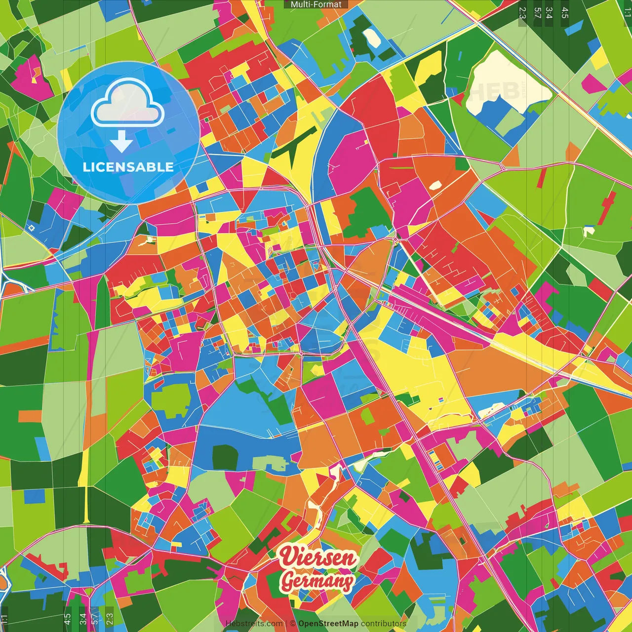 Viersen, North Rhine-Westphalia, Germany Crazy Colorful Street Map Poster Template