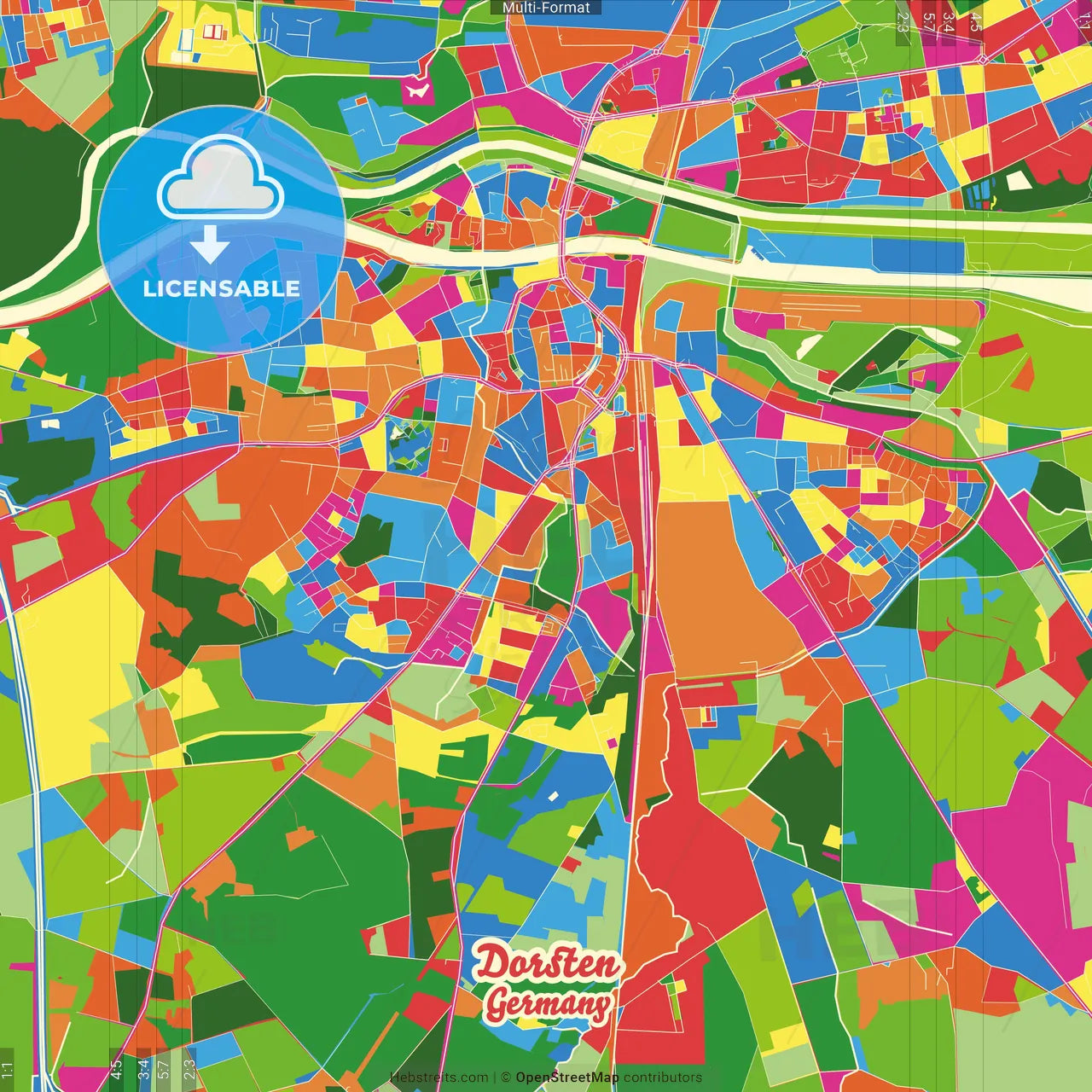 Dorsten, North Rhine-Westphalia, Germany Crazy Colorful Street Map Poster Template