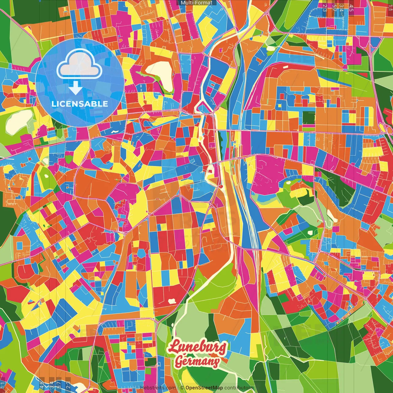 Luneburg, Lower Saxony, Germany Crazy Colorful Street Map Poster Template