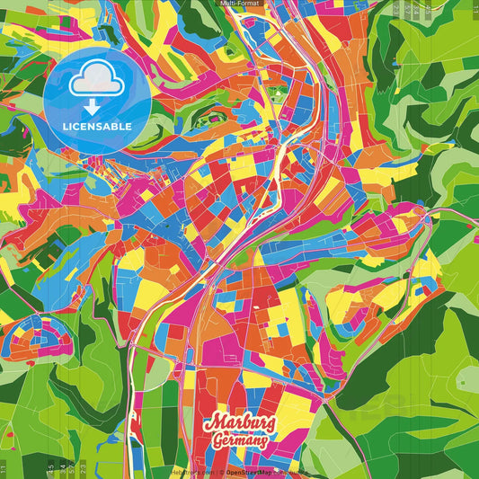Marburg, Hesse, Germany Crazy Colorful Street Map Poster Template