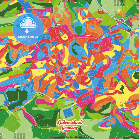 Ludenscheid, North Rhine-Westphalia, Germany Crazy Colorful Street Map Poster Template