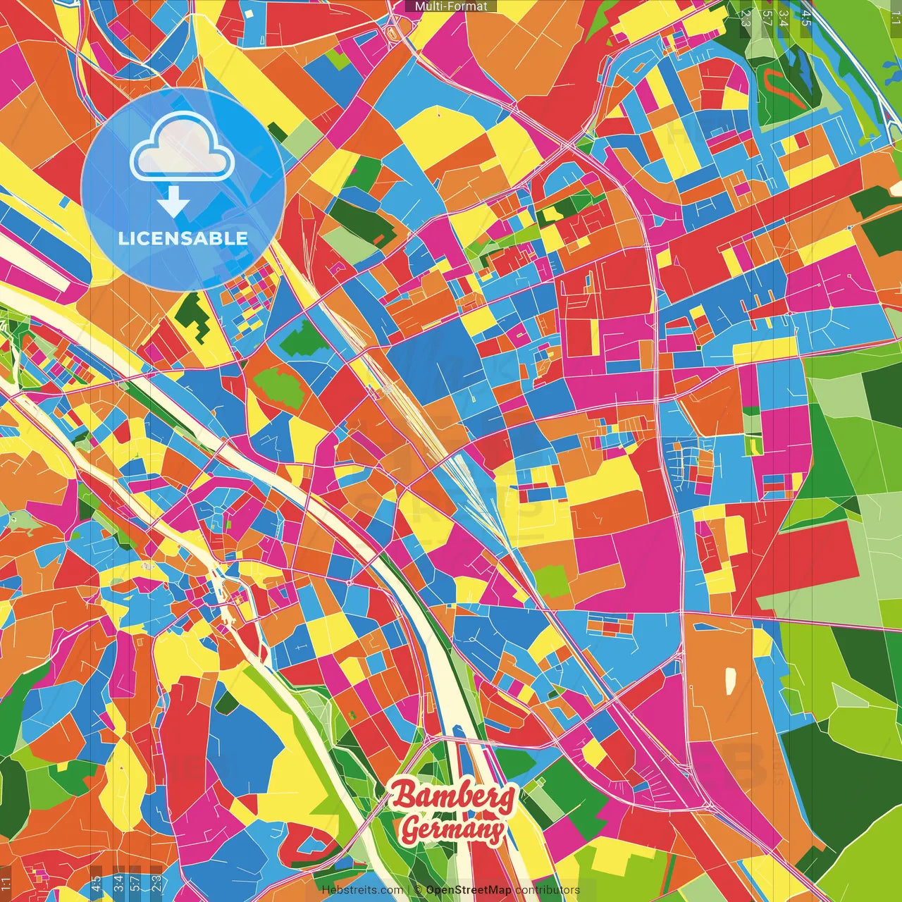 Bamberg, Bavaria, Germany Crazy Colorful Street Map Poster Template