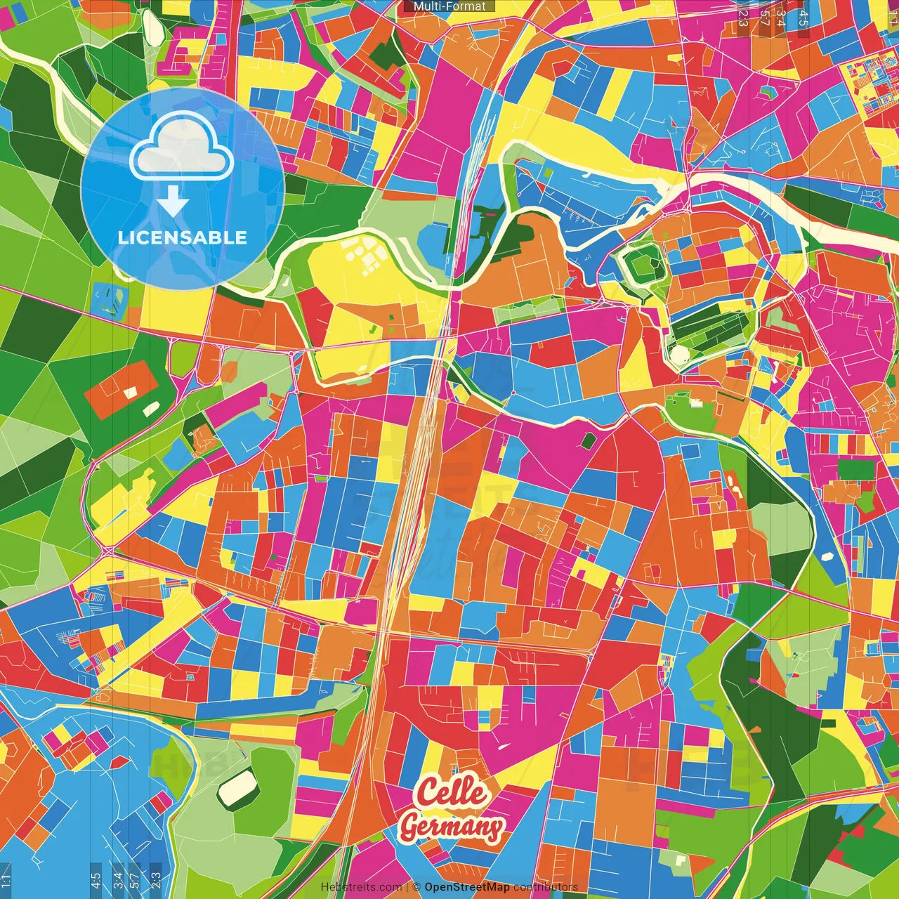 Celle, Lower Saxony, Germany Crazy Colorful Street Map Poster Template