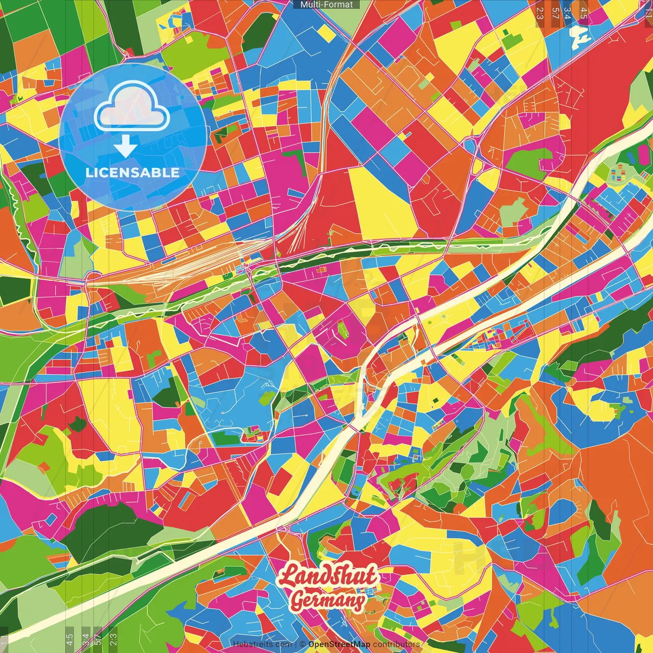 Landshut, Bavaria, Germany Crazy Colorful Street Map Poster Template