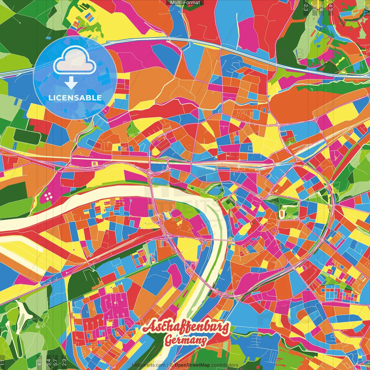 Aschaffenburg, Bavaria, Germany Crazy Colorful Street Map Poster Template