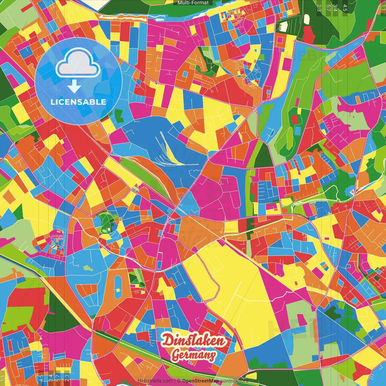 Dinslaken, North Rhine-Westphalia, Germany Crazy Colorful Street Map Poster Template