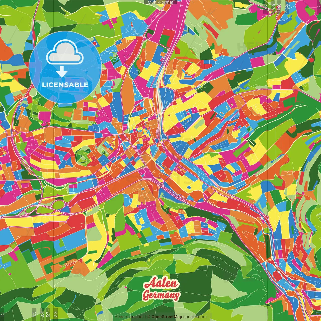 Aalen, Baden-Wuerttemberg, Germany Crazy Colorful Street Map Poster Template