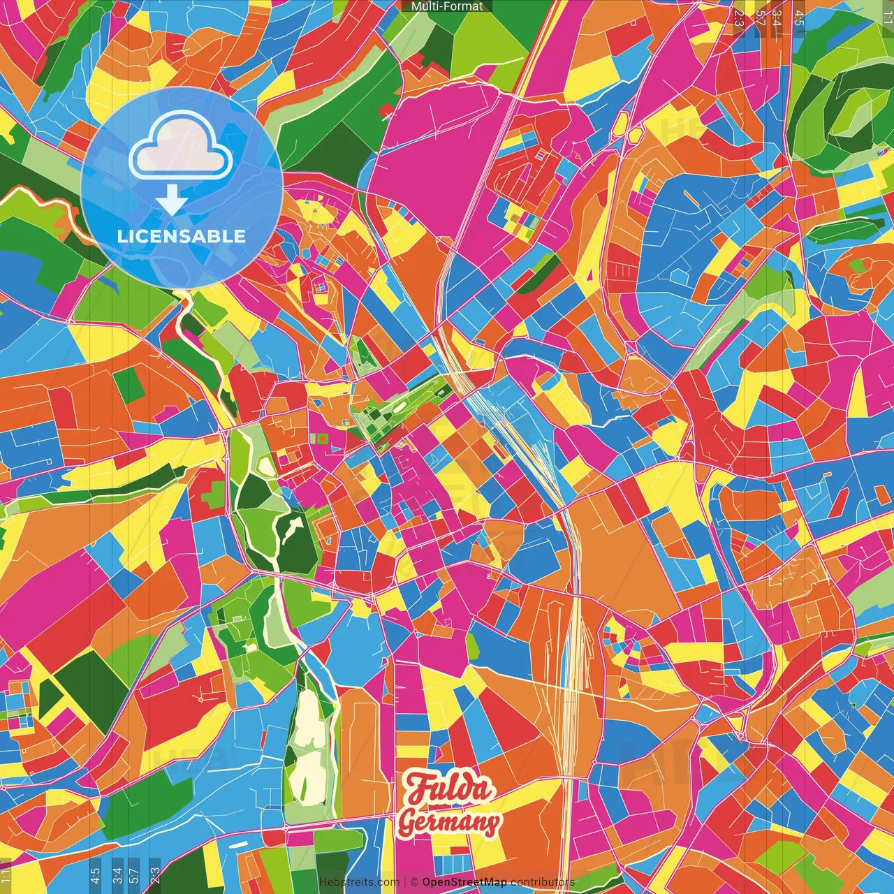 Fulda, Hesse, Germany Crazy Colorful Street Map Poster Template