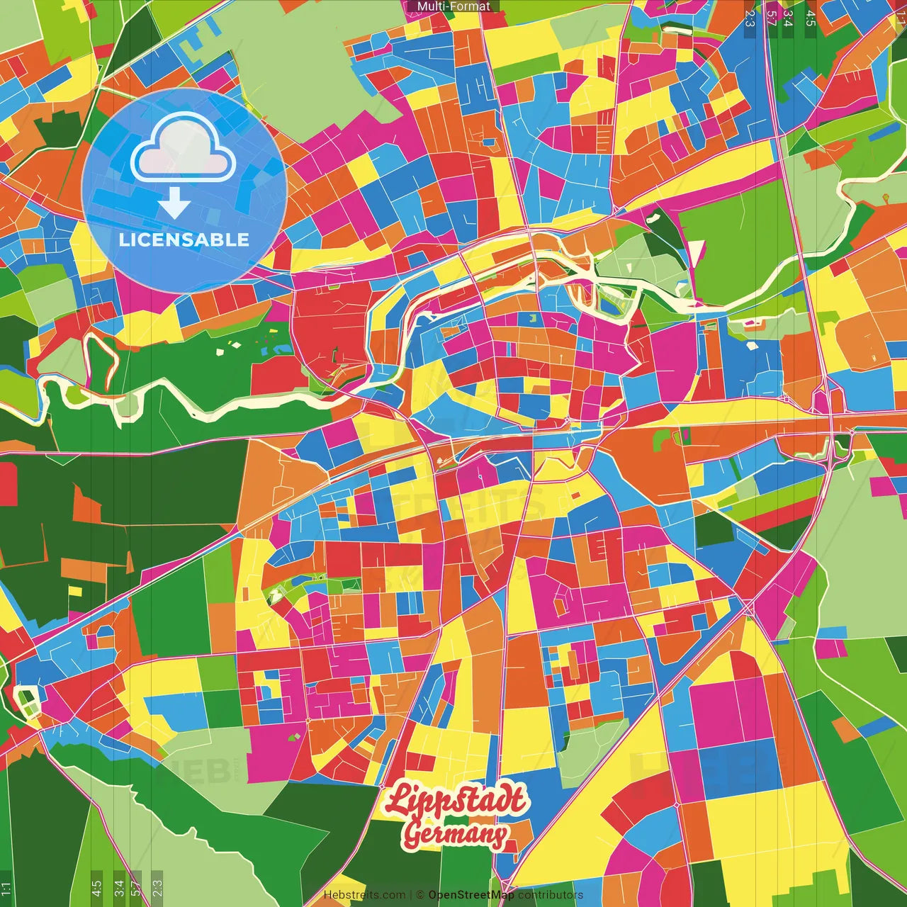 Lippstadt, North Rhine-Westphalia, Germany Crazy Colorful Street Map Poster Template