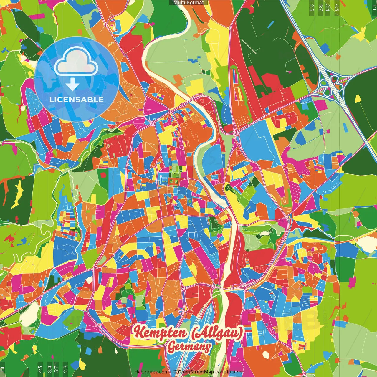 Kempten (Allgau), Bavaria, Germany Crazy Colorful Street Map Poster Template