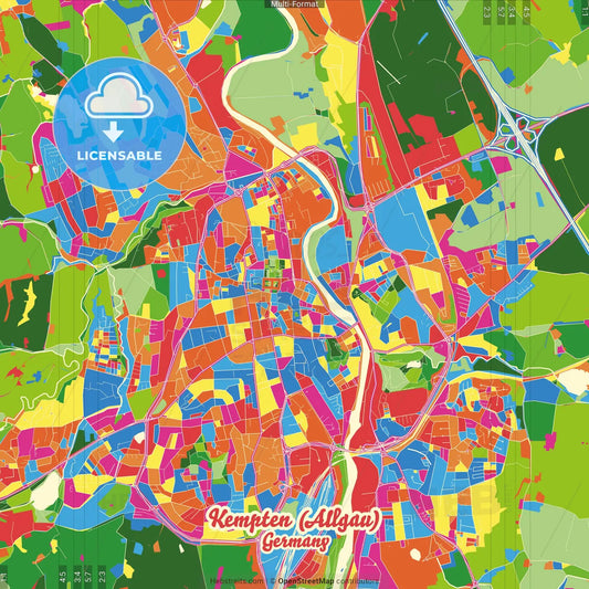 Kempten (Allgau), Bavaria, Germany Crazy Colorful Street Map Poster Template