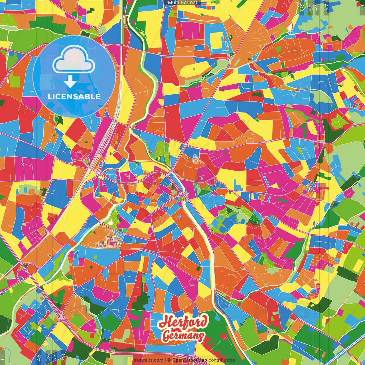 Herford, North Rhine-Westphalia, Germany Crazy Colorful Street Map Poster Template