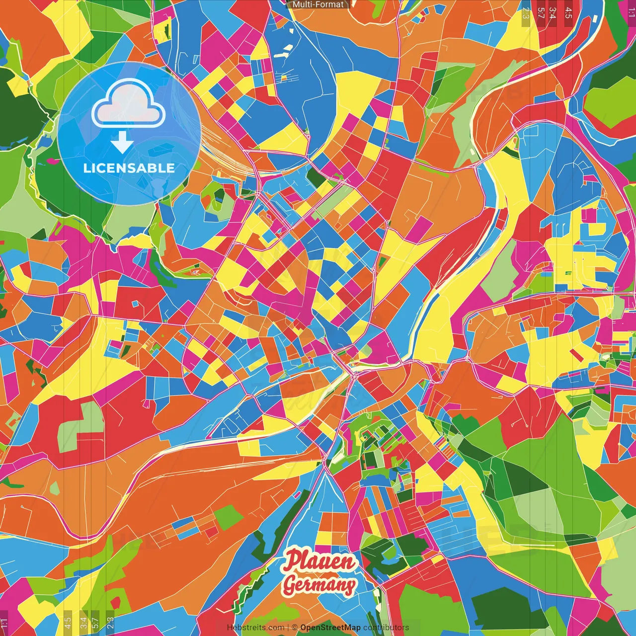 Plauen, Saxony, Germany Crazy Colorful Street Map Poster Template