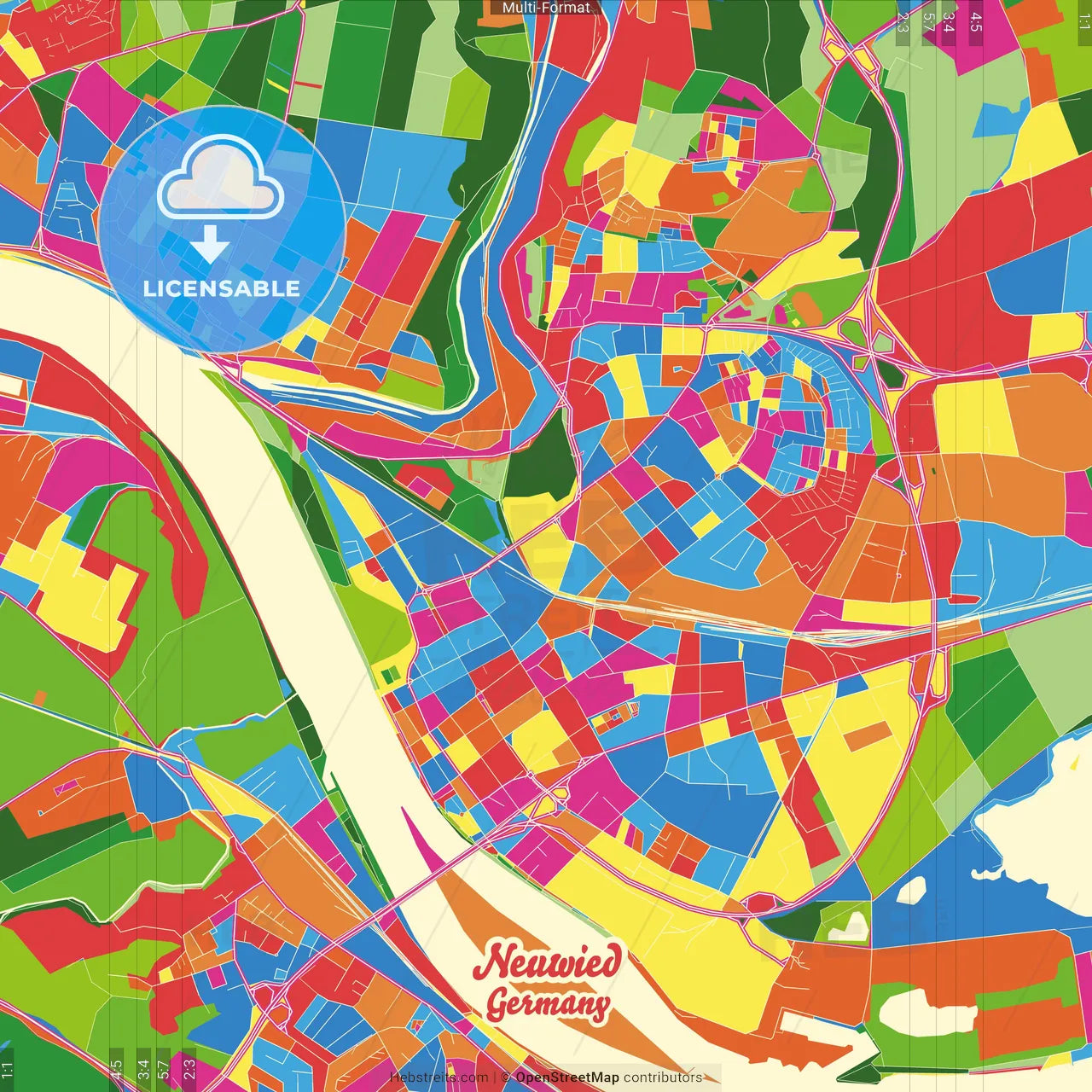 Neuwied, Rheinland-Pfalz, Germany Crazy Colorful Street Map Poster Template