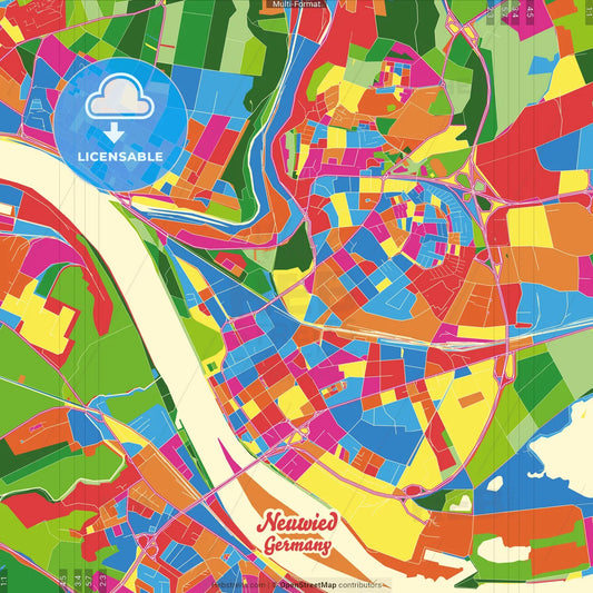 Neuwied, Rheinland-Pfalz, Germany Crazy Colorful Street Map Poster Template