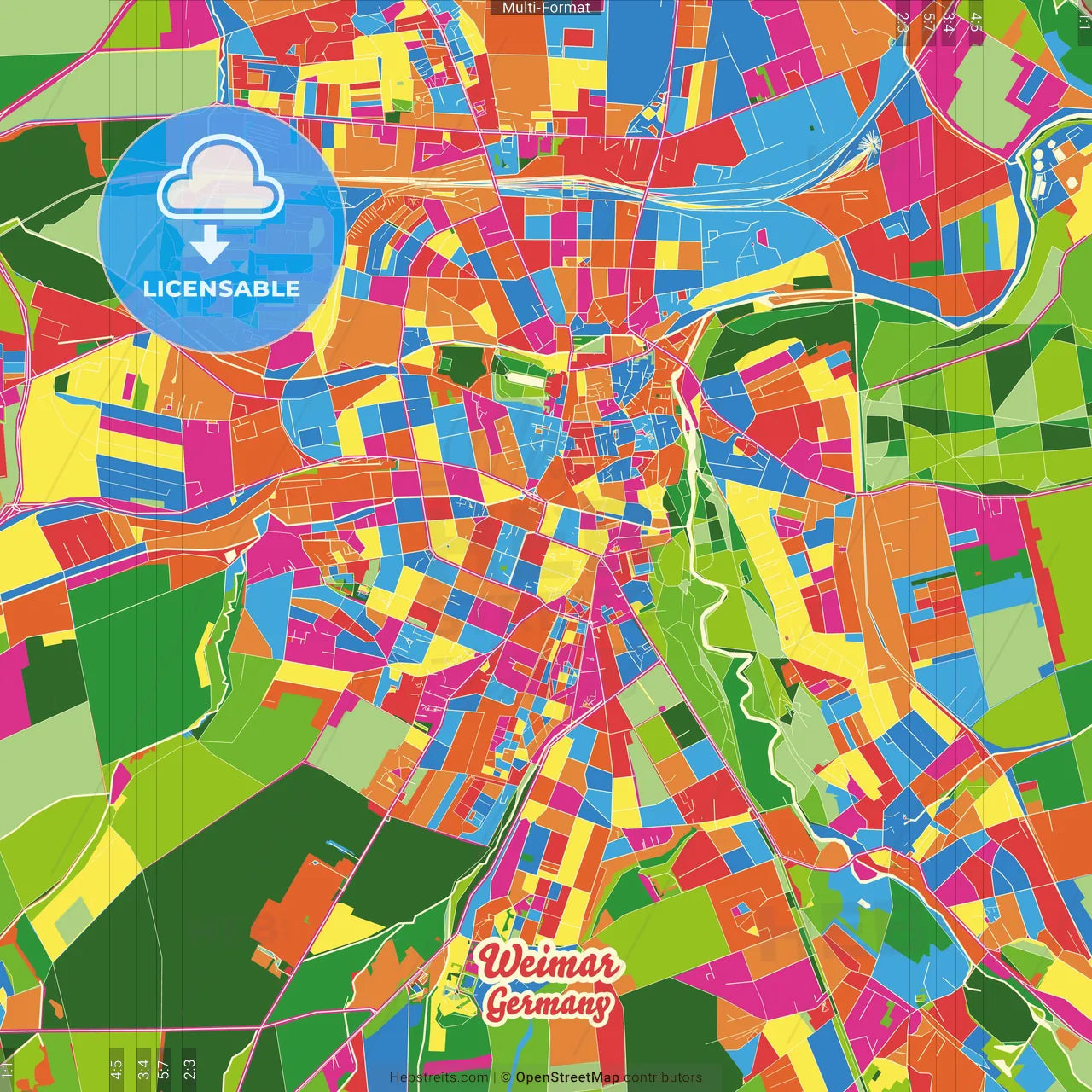 Weimar, Thuringia, Germany Crazy Colorful Street Map Poster Template