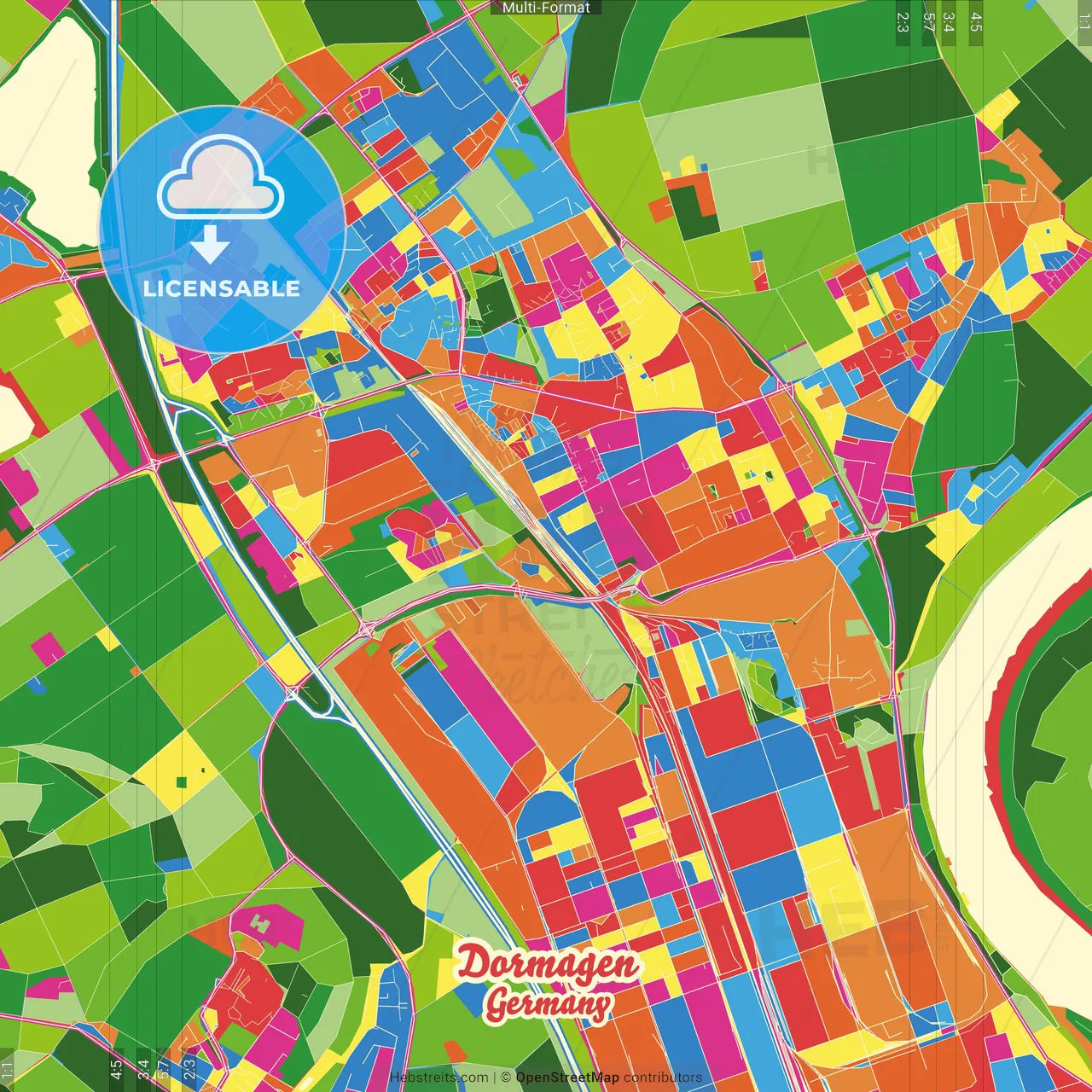 Dormagen, North Rhine-Westphalia, Germany Crazy Colorful Street Map Poster Template