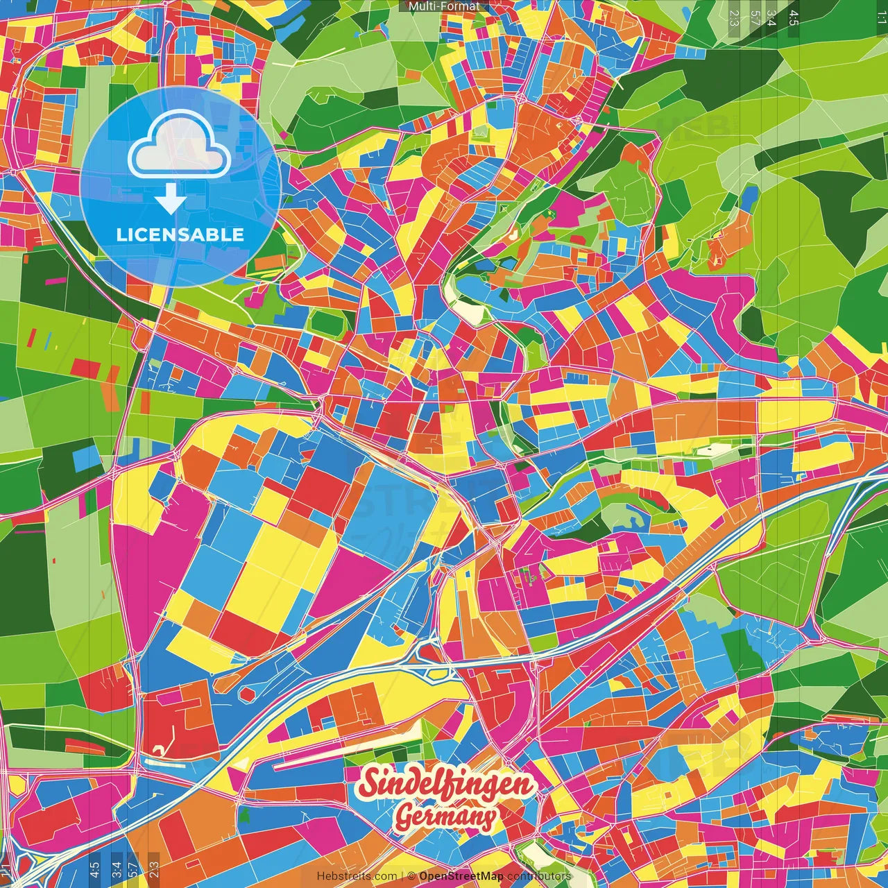 Sindelfingen, Baden-Wuerttemberg, Germany Crazy Colorful Street Map Poster Template