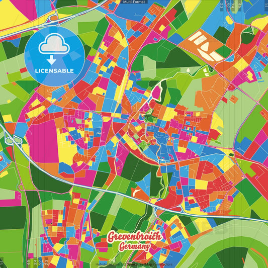 Grevenbroich, North Rhine-Westphalia, Germany Crazy Colorful Street Map Poster Template