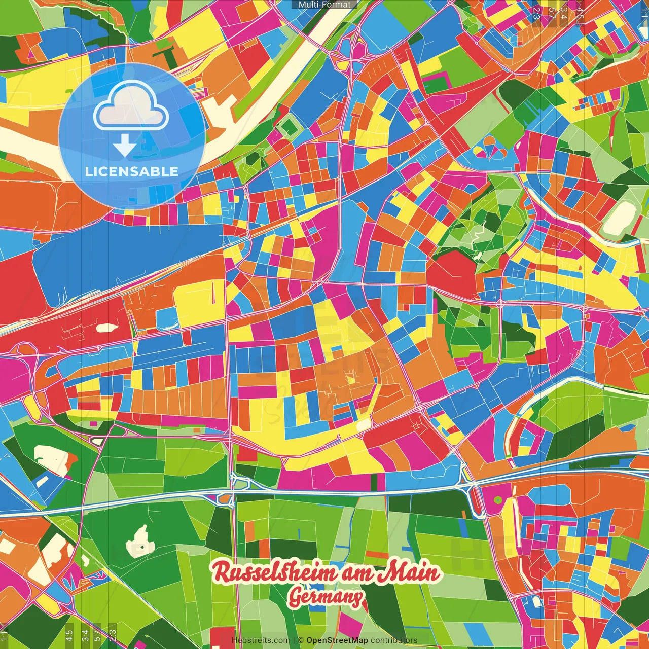 Russelsheim am Main, Hesse, Germany Crazy Colorful Street Map Poster Template