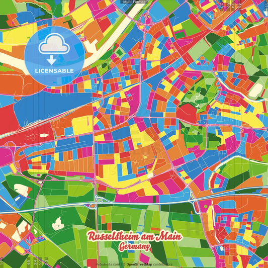 Russelsheim am Main, Hesse, Germany Crazy Colorful Street Map Poster Template