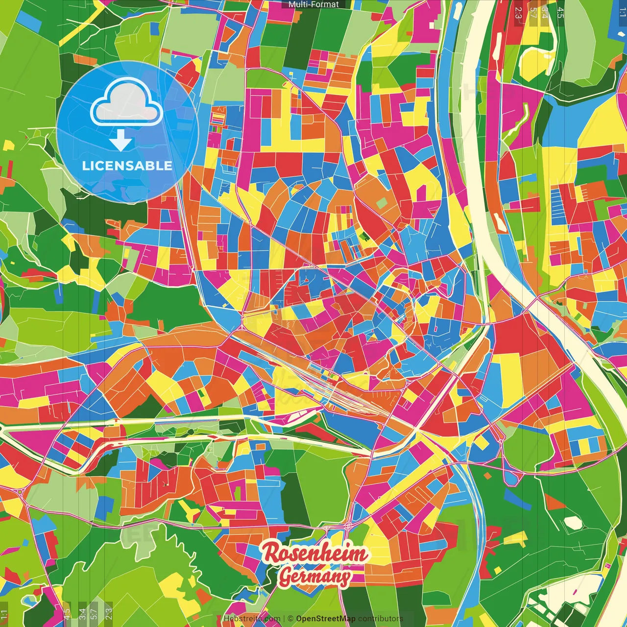 Rosenheim, Bavaria, Germany Crazy Colorful Street Map Poster Template