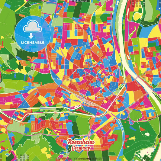 Rosenheim, Bavaria, Germany Crazy Colorful Street Map Poster Template