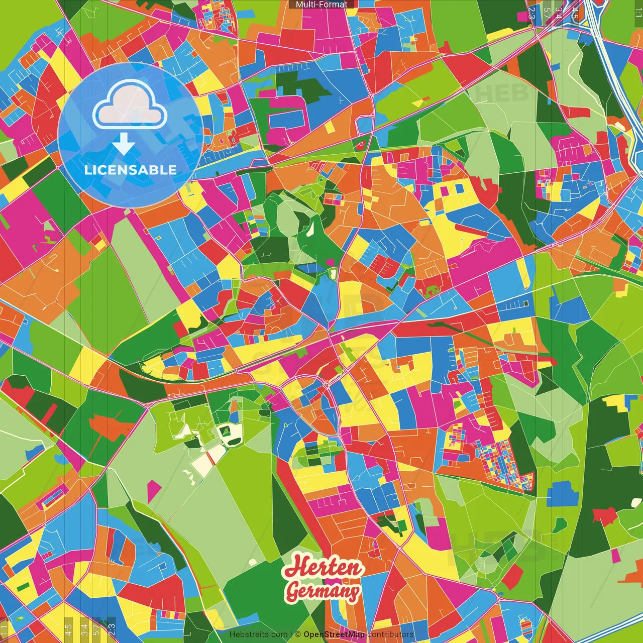 Herten, North Rhine-Westphalia, Germany Crazy Colorful Street Map Poster Template