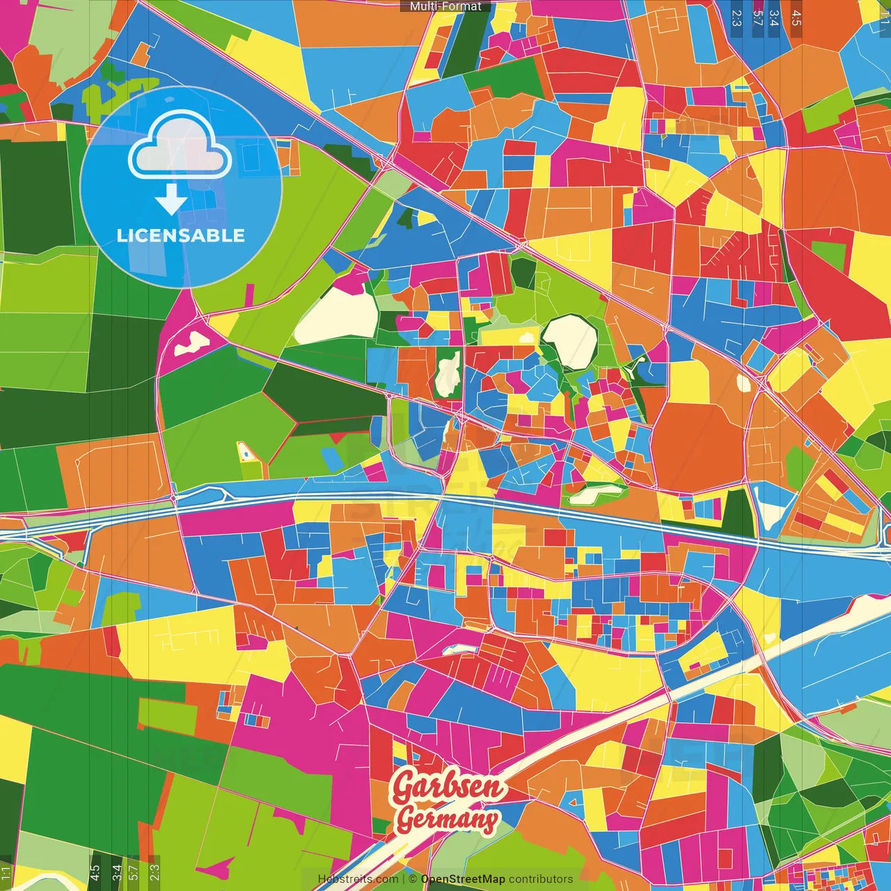 Garbsen, Lower Saxony, Germany Crazy Colorful Street Map Poster Template