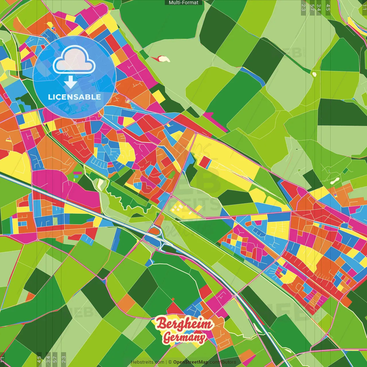 Bergheim, North Rhine-Westphalia, Germany Crazy Colorful Street Map Poster Template