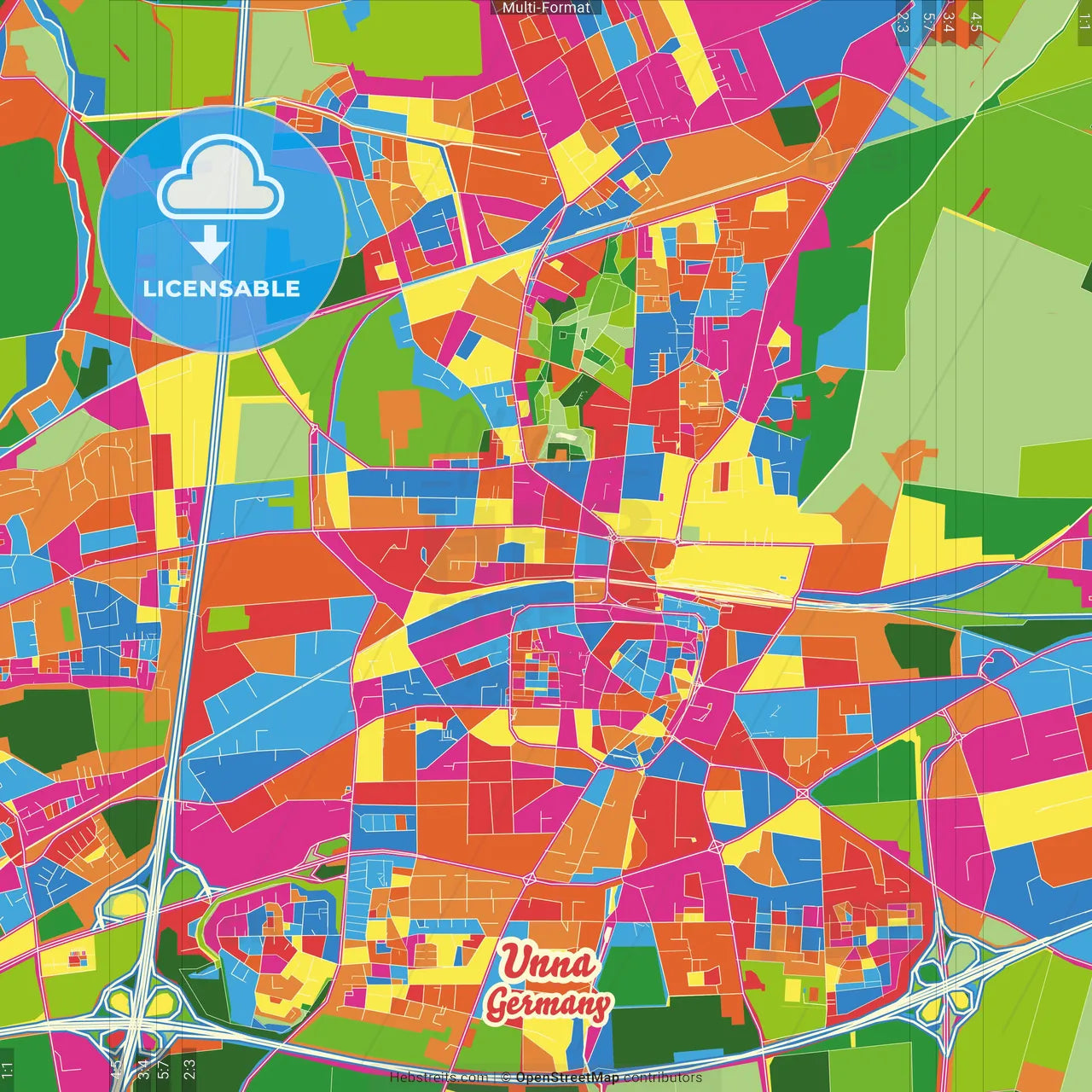 Unna, North Rhine-Westphalia, Germany Crazy Colorful Street Map Poster Template