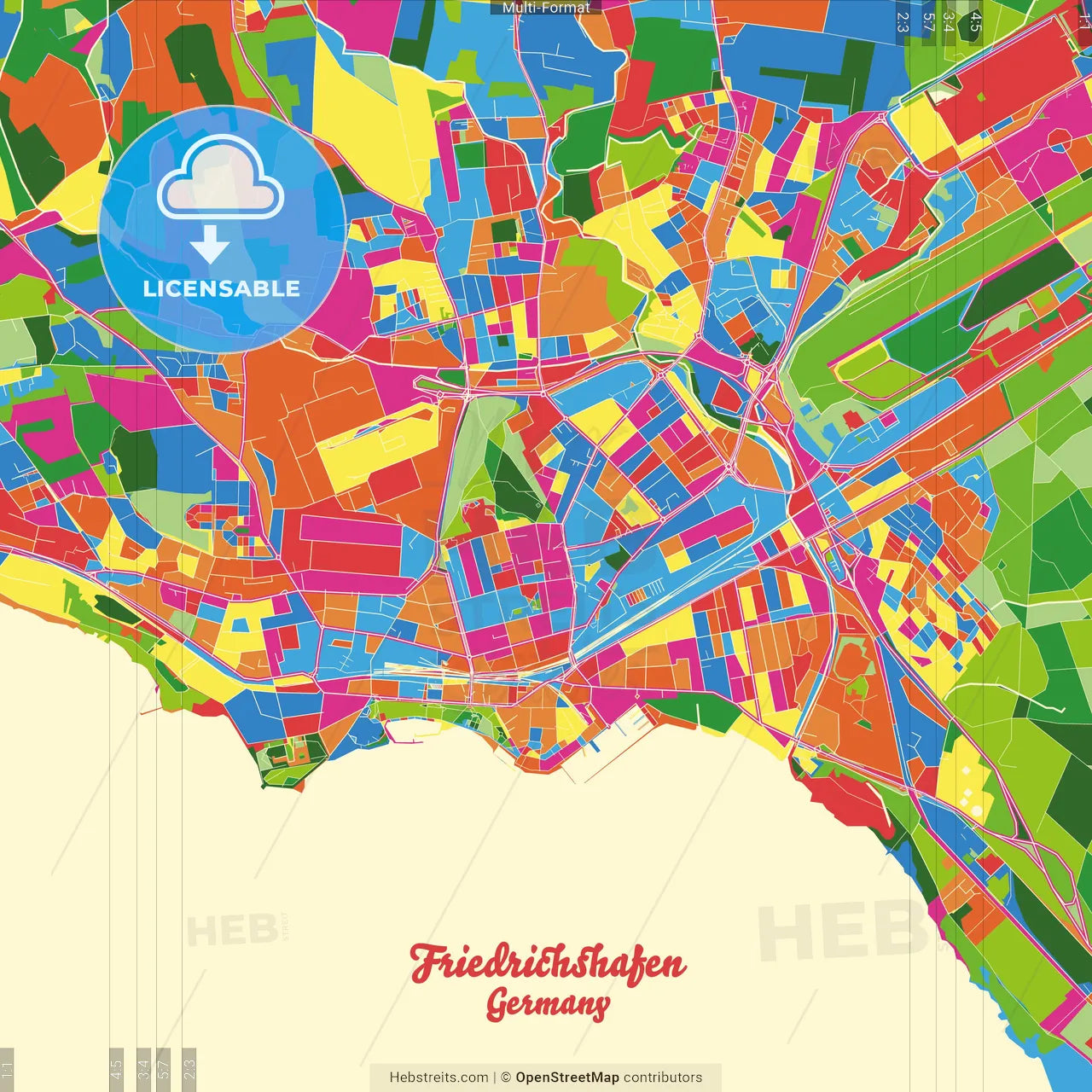Friedrichshafen, Baden-Wuerttemberg, Germany Crazy Colorful Street Map Poster Template