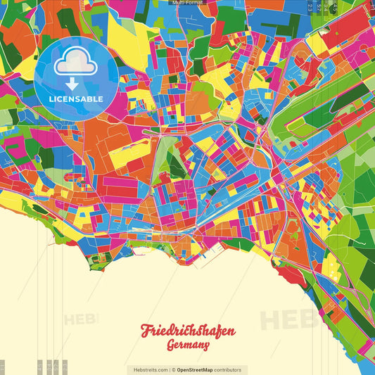 Friedrichshafen, Baden-Wuerttemberg, Germany Crazy Colorful Street Map Poster Template