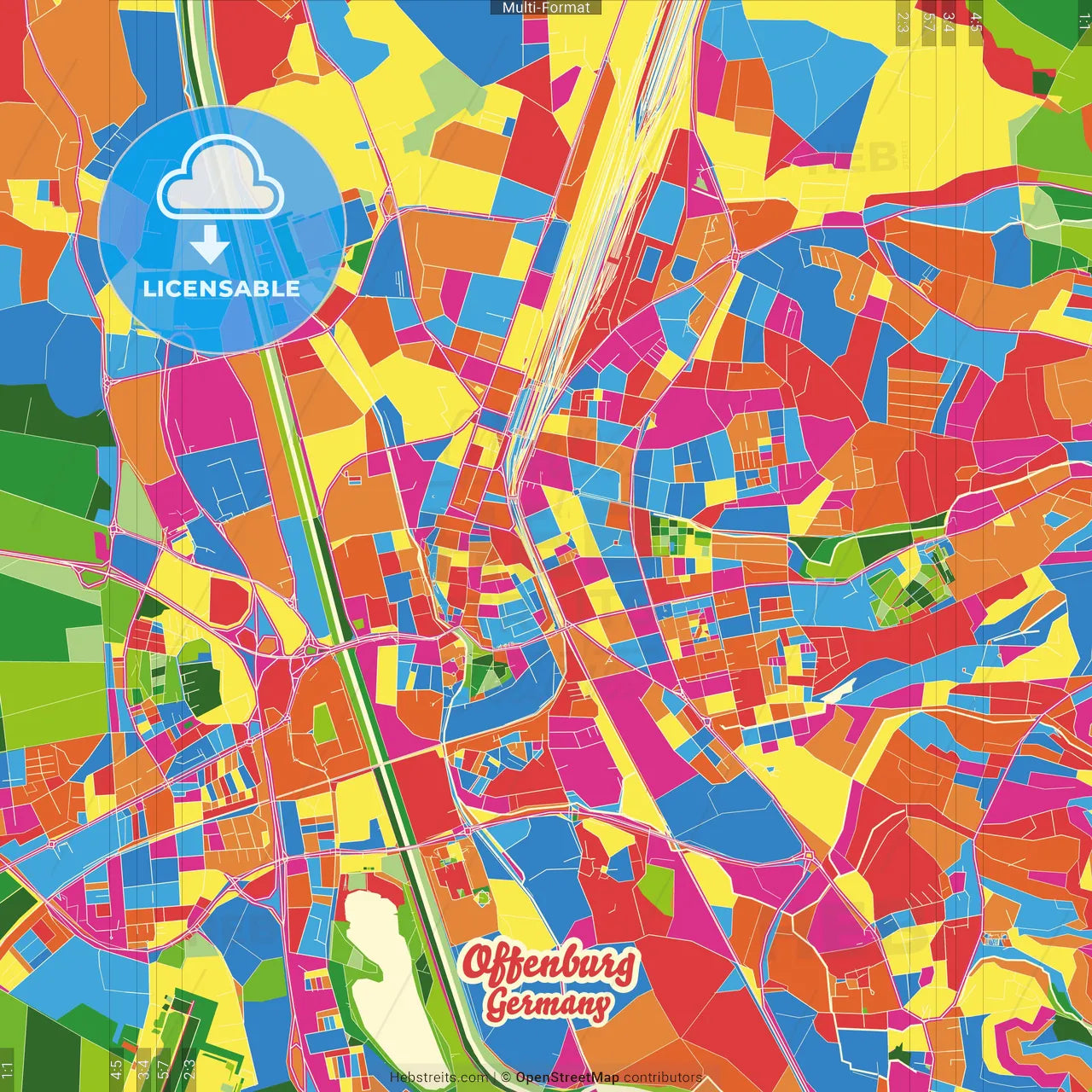 Offenburg, Baden-Wuerttemberg, Germany Crazy Colorful Street Map Poster Template