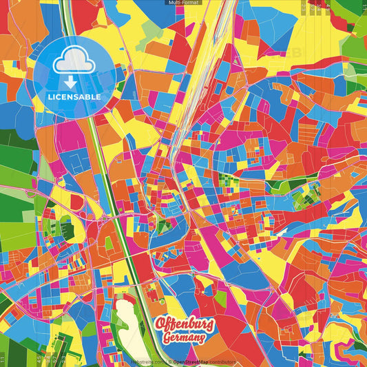 Offenburg, Baden-Wuerttemberg, Germany Crazy Colorful Street Map Poster Template