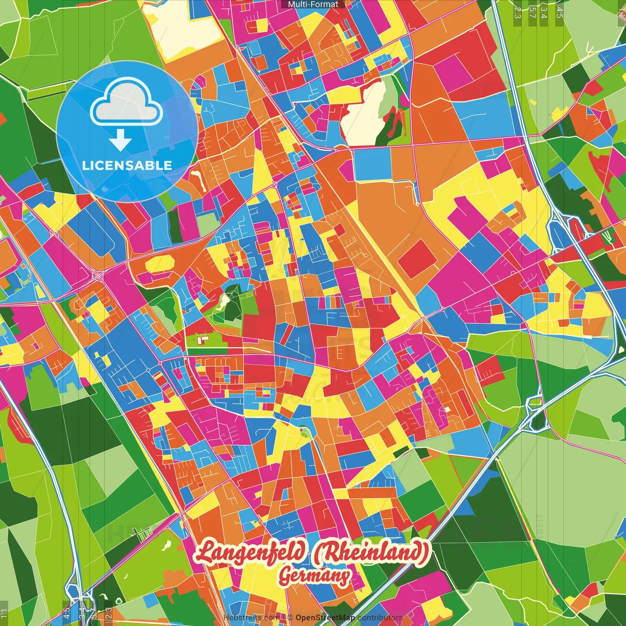 Langenfeld (Rheinland), North Rhine-Westphalia, Germany Crazy Colorful Street Map Poster Template