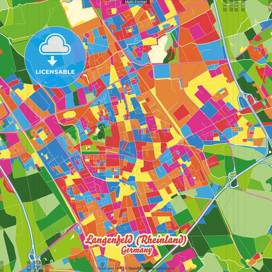 Langenfeld (Rheinland), North Rhine-Westphalia, Germany Crazy Colorful Street Map Poster Template