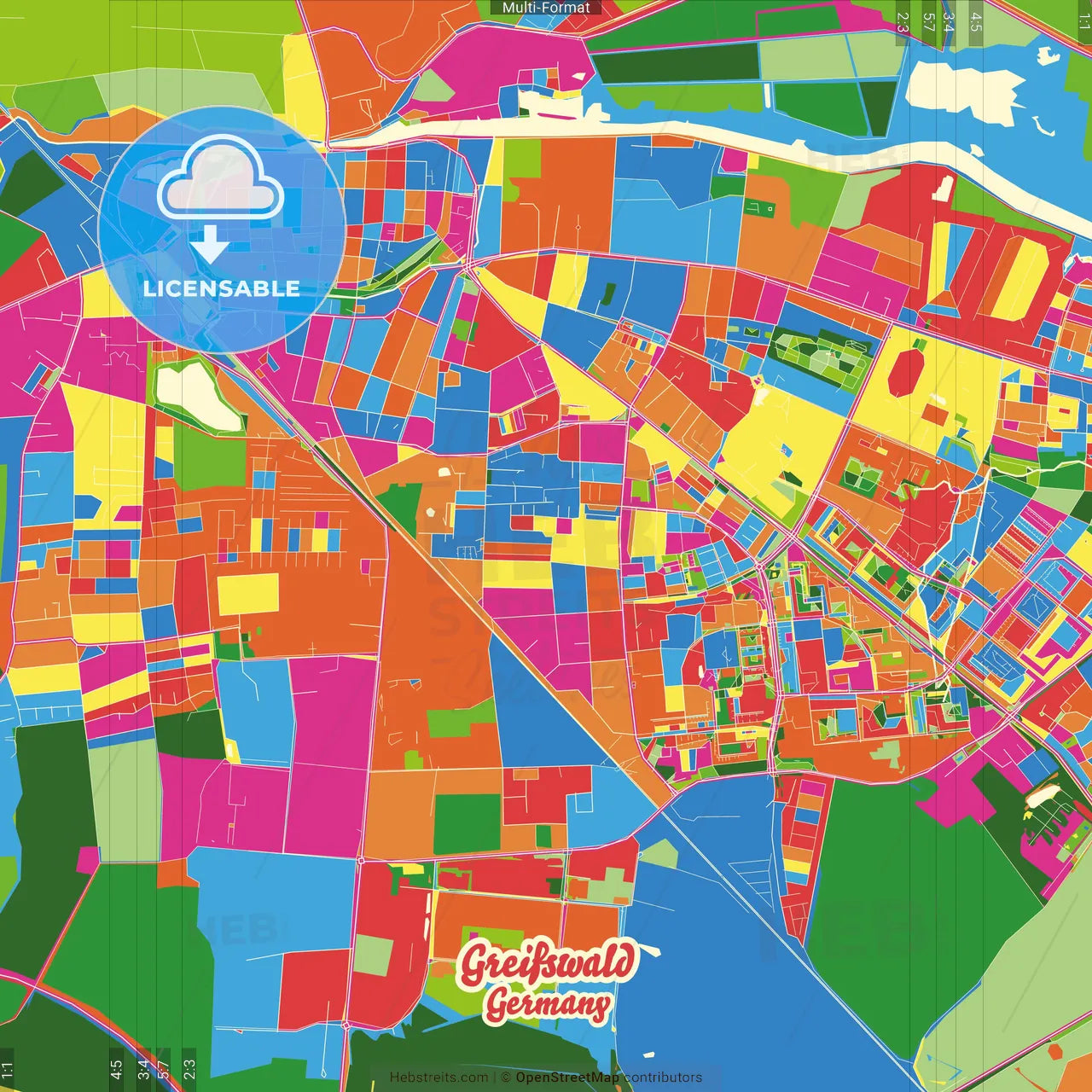 Greifswald, Mecklenburg-Western Pomerania, Germany Crazy Colorful Street Map Poster Template