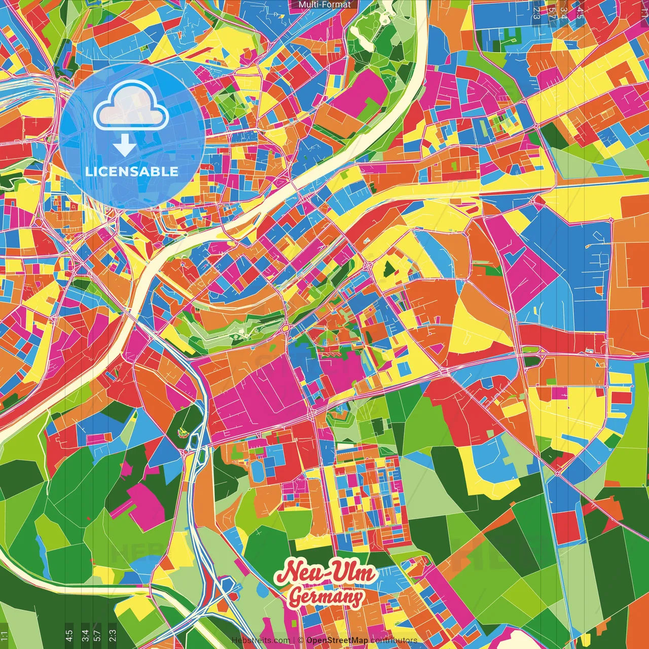 Neu-Ulm, Bavaria, Germany Crazy Colorful Street Map Poster Template