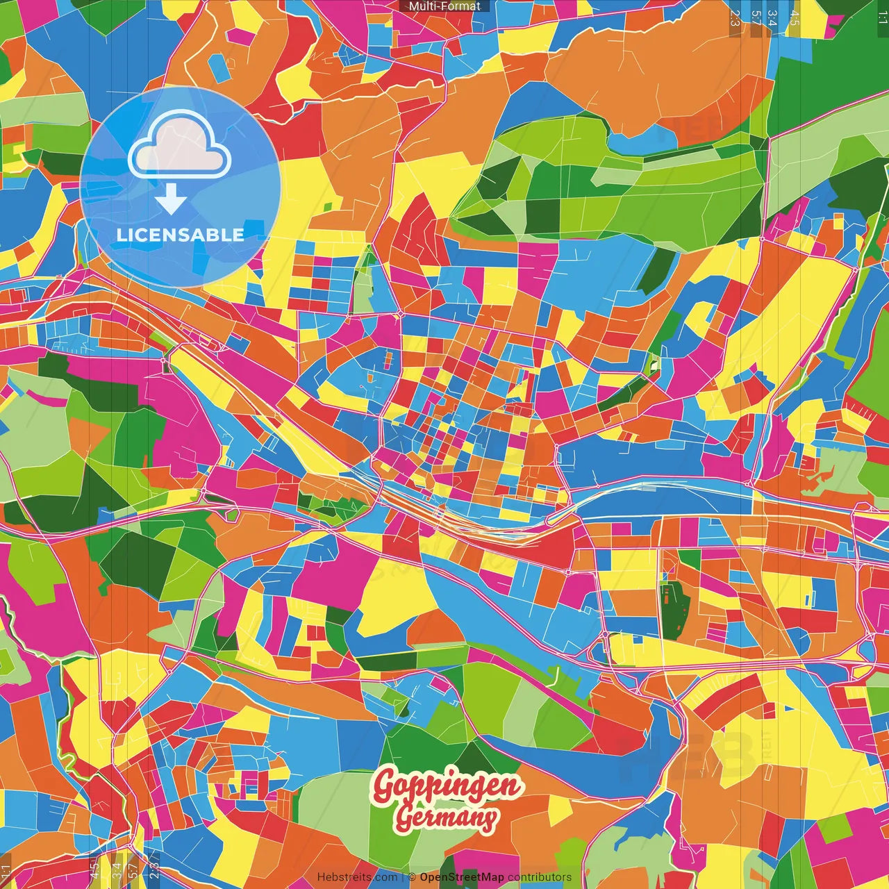 Goppingen, Baden-Wuerttemberg, Germany Crazy Colorful Street Map Poster Template