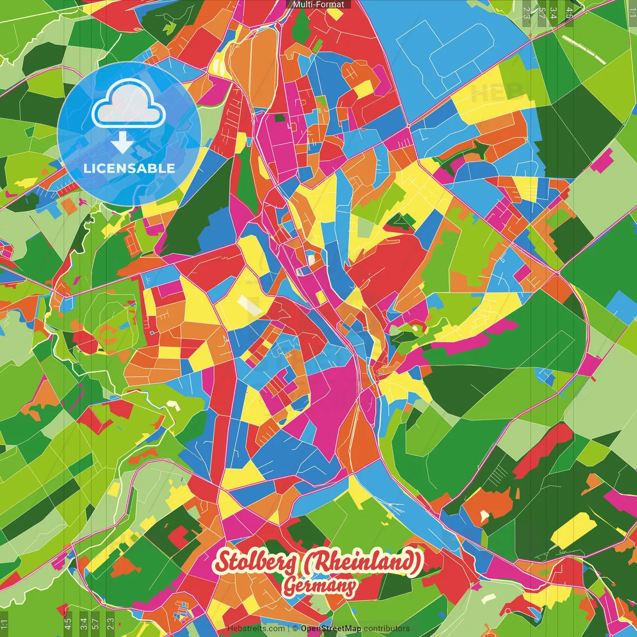 Stolberg (Rheinland), North Rhine-Westphalia, Germany Crazy Colorful Street Map Poster Template