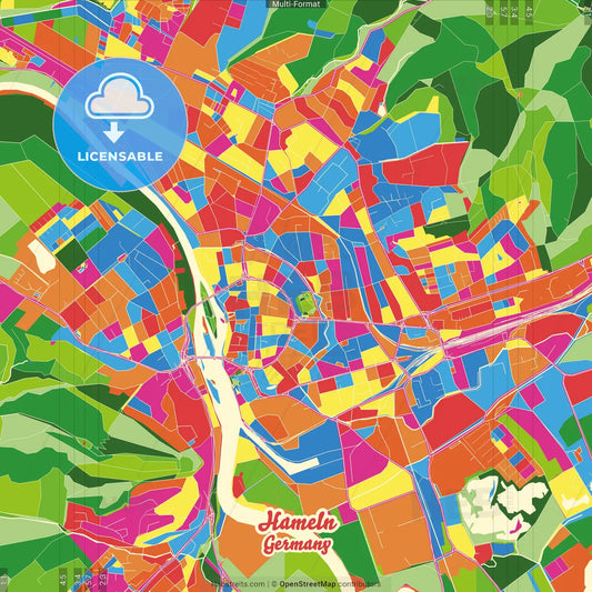 Hameln, Lower Saxony, Germany Crazy Colorful Street Map Poster Template