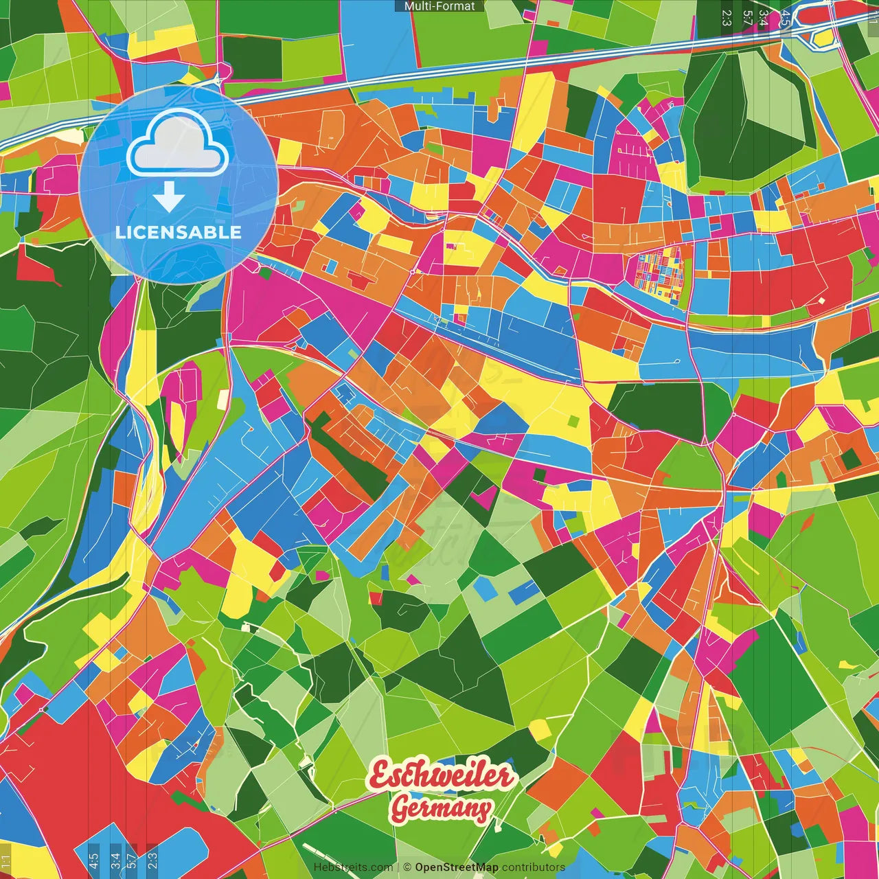 Eschweiler, North Rhine-Westphalia, Germany Crazy Colorful Street Map Poster Template