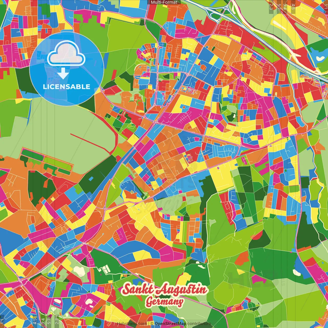 Sankt Augustin, North Rhine-Westphalia, Germany Crazy Colorful Street Map Poster Template