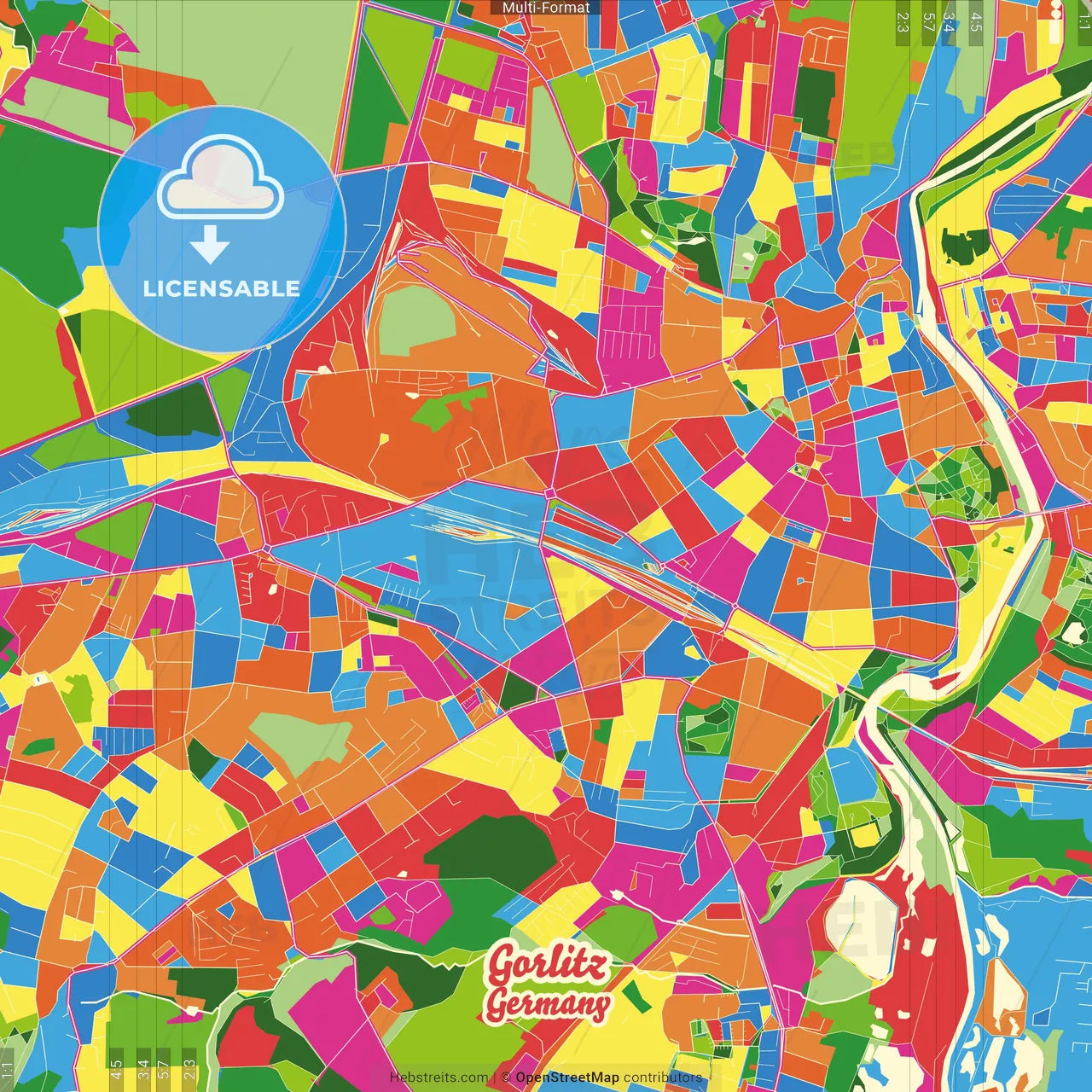 Gorlitz, Saxony, Germany Crazy Colorful Street Map Poster Template